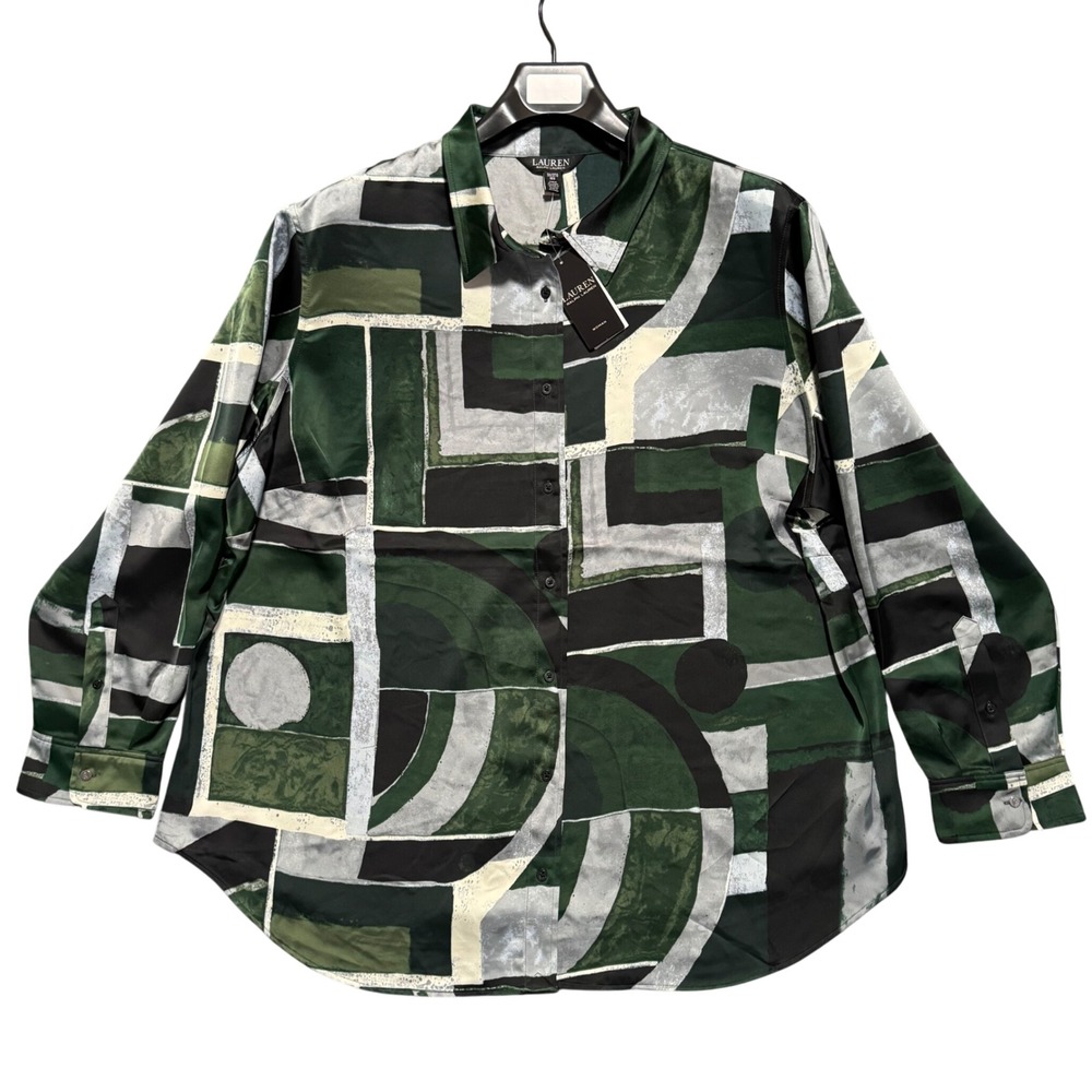 Lauren Ralph Lauren‎ 3X Green Multi Geometric Print Long Sleeve Shirt Elegance